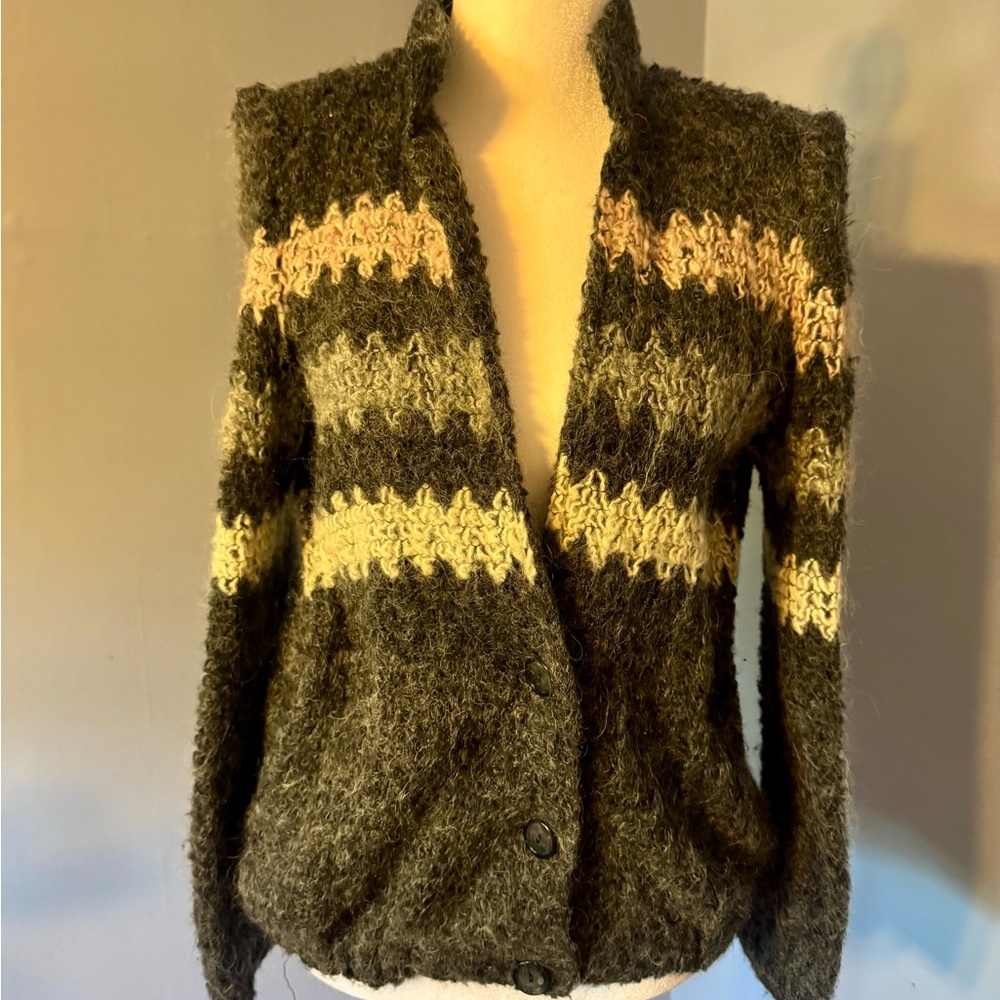 Beautiful VINTAGE Wool Cardigan Jacket Sz M Medium Gray Pink & White